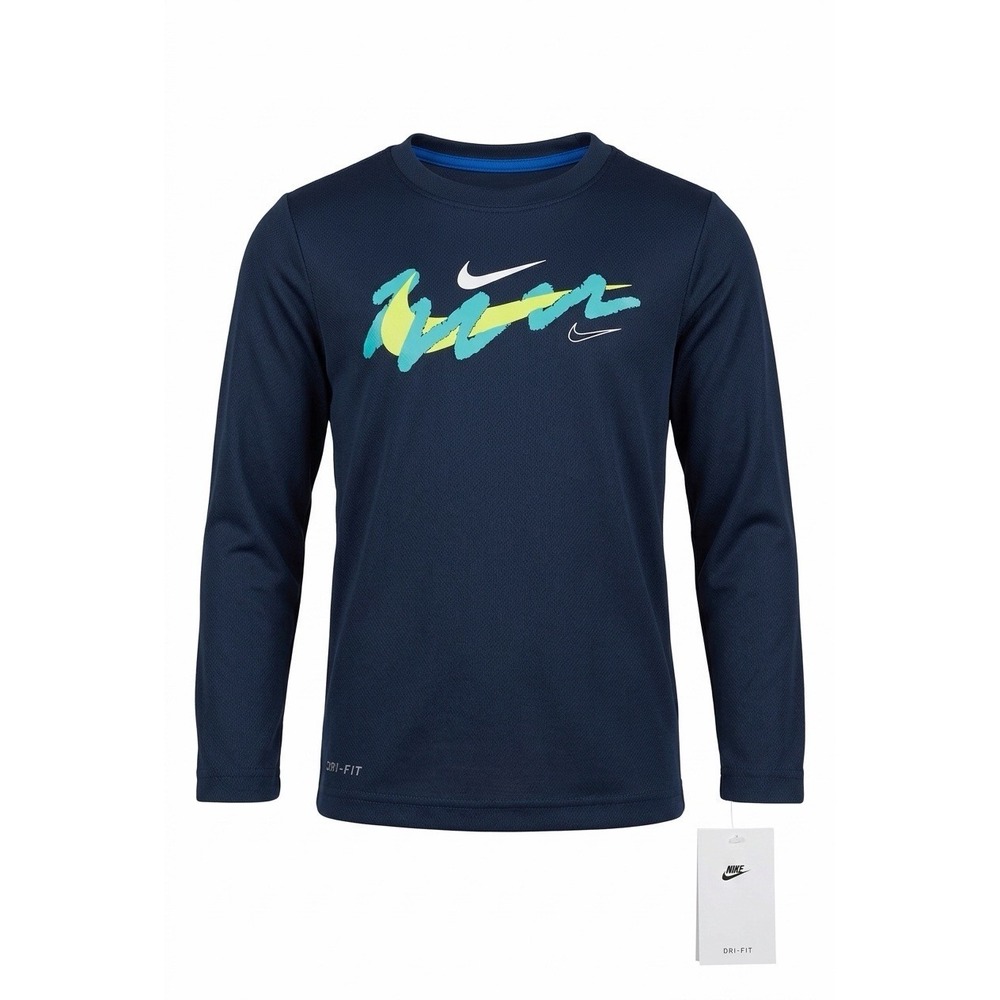 Nike Boys Dri-FIT Long Sleeve Graphic T-Shirt Midnight Navy 86M532-U90 Size 4 XS